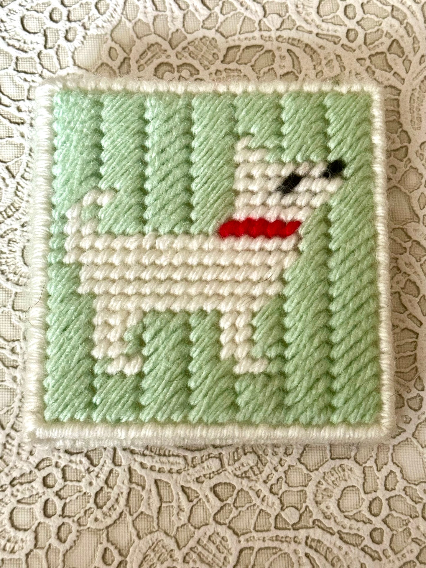 Handmade Dog Sticky Note Holder – Light Green Plastic Canvas Cover with Notepad