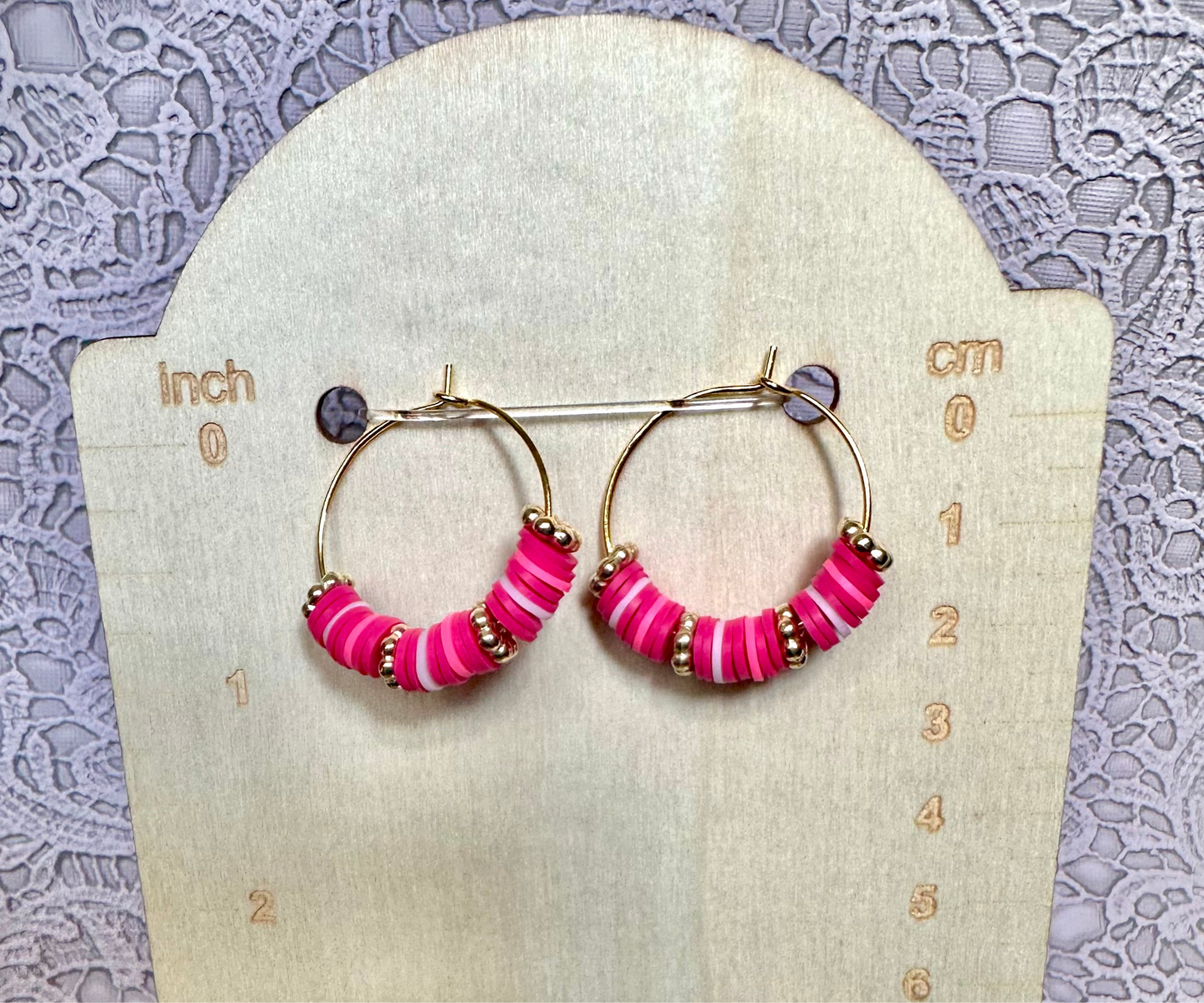 Pink Heishi Beaded Hoop Earrings – Lightweight Handmade Clay Hoops