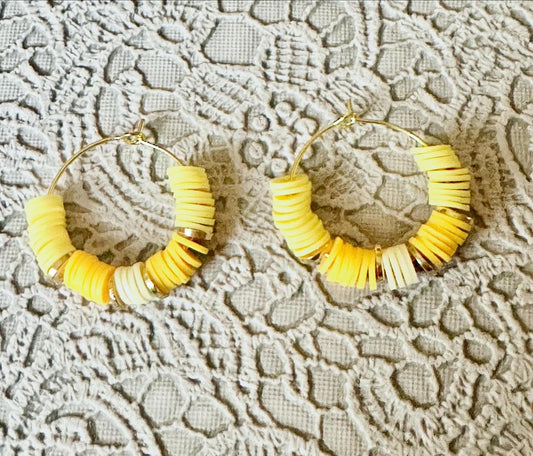 Yellow Heishi Beaded Hoop Earrings – 1" Gold Accent Handmade Clay Hoops