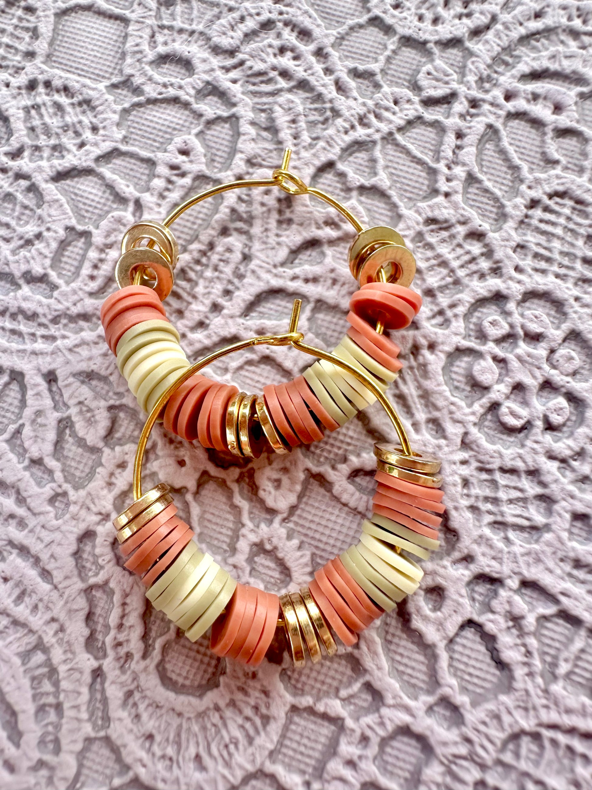 Earth Tone Heishi Beaded Hoop Earrings – Lightweight Handmade Hoops with Gold Accents