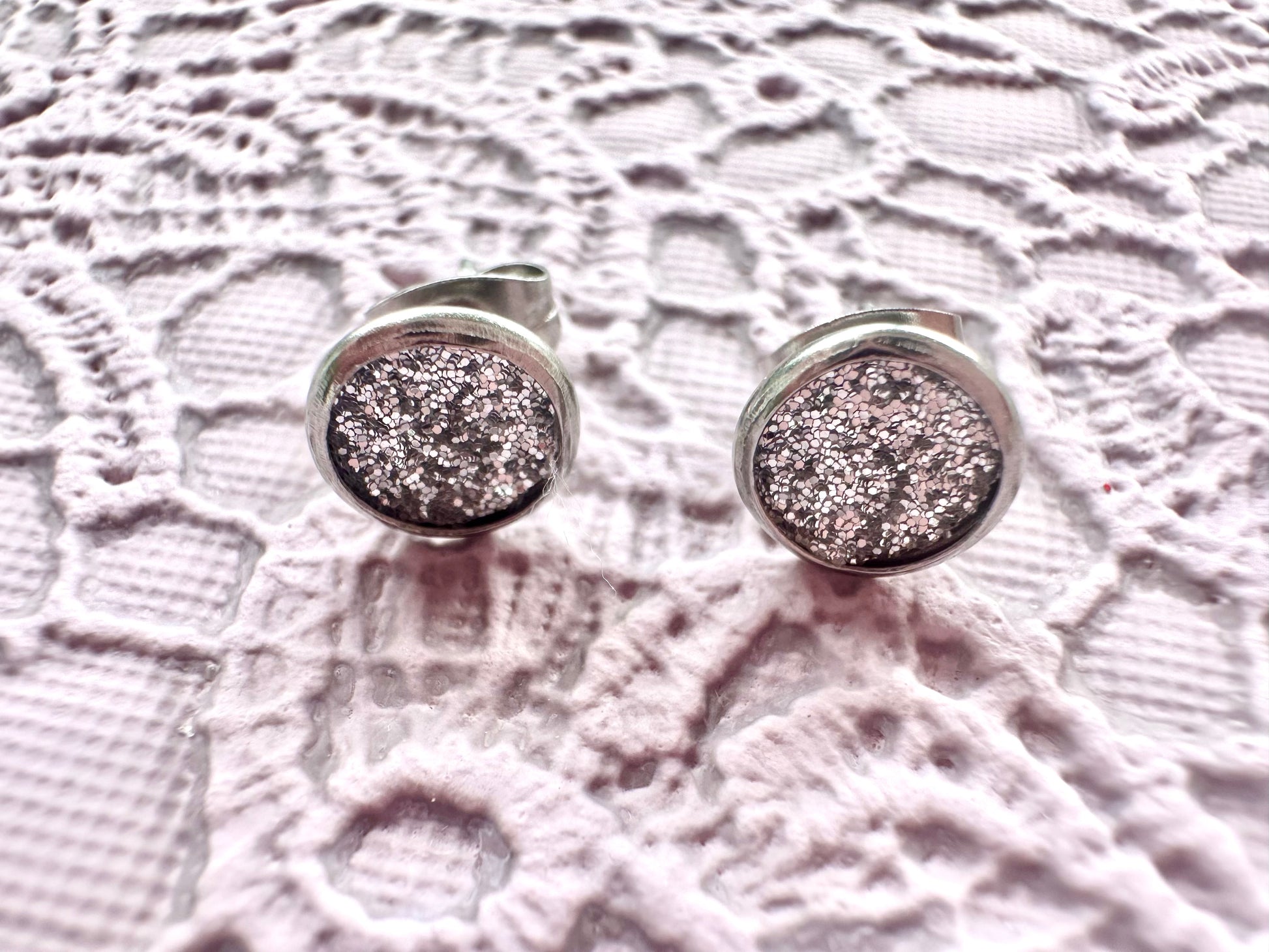 Glitter Silver Faux Leather Stud Earrings – 7mm Sparkly Handmade Studs