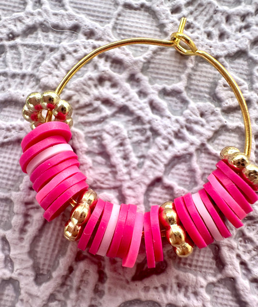 Pink Heishi Beaded Hoop Earrings – Lightweight Handmade Clay Hoops