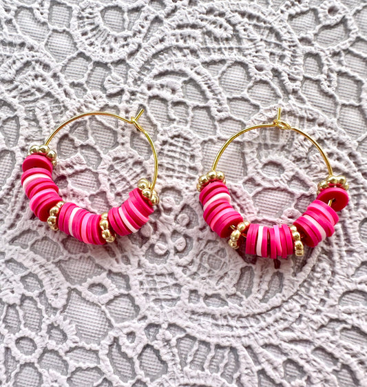 Pink Heishi Beaded Hoop Earrings – Lightweight Handmade Clay Hoops