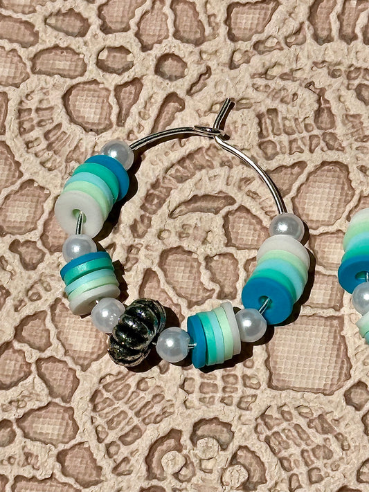 Ocean-Inspired Heishi Bead Hoop Earrings – Faux Pearl and Polymer Clay Beaded Hoops