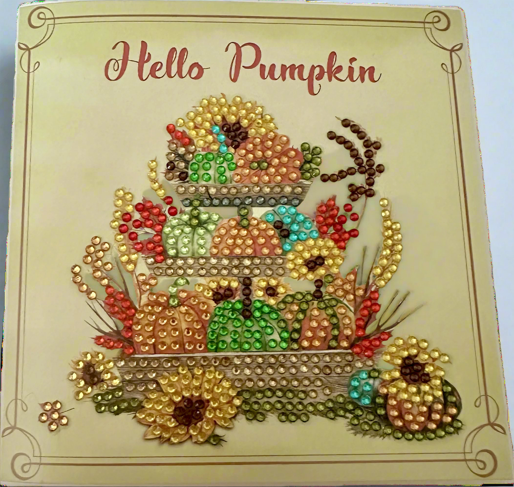 Hello Pumpkin Diamond Dot Greeting Card – 6x6” Handmade Sparkling Fall Card with Envelope