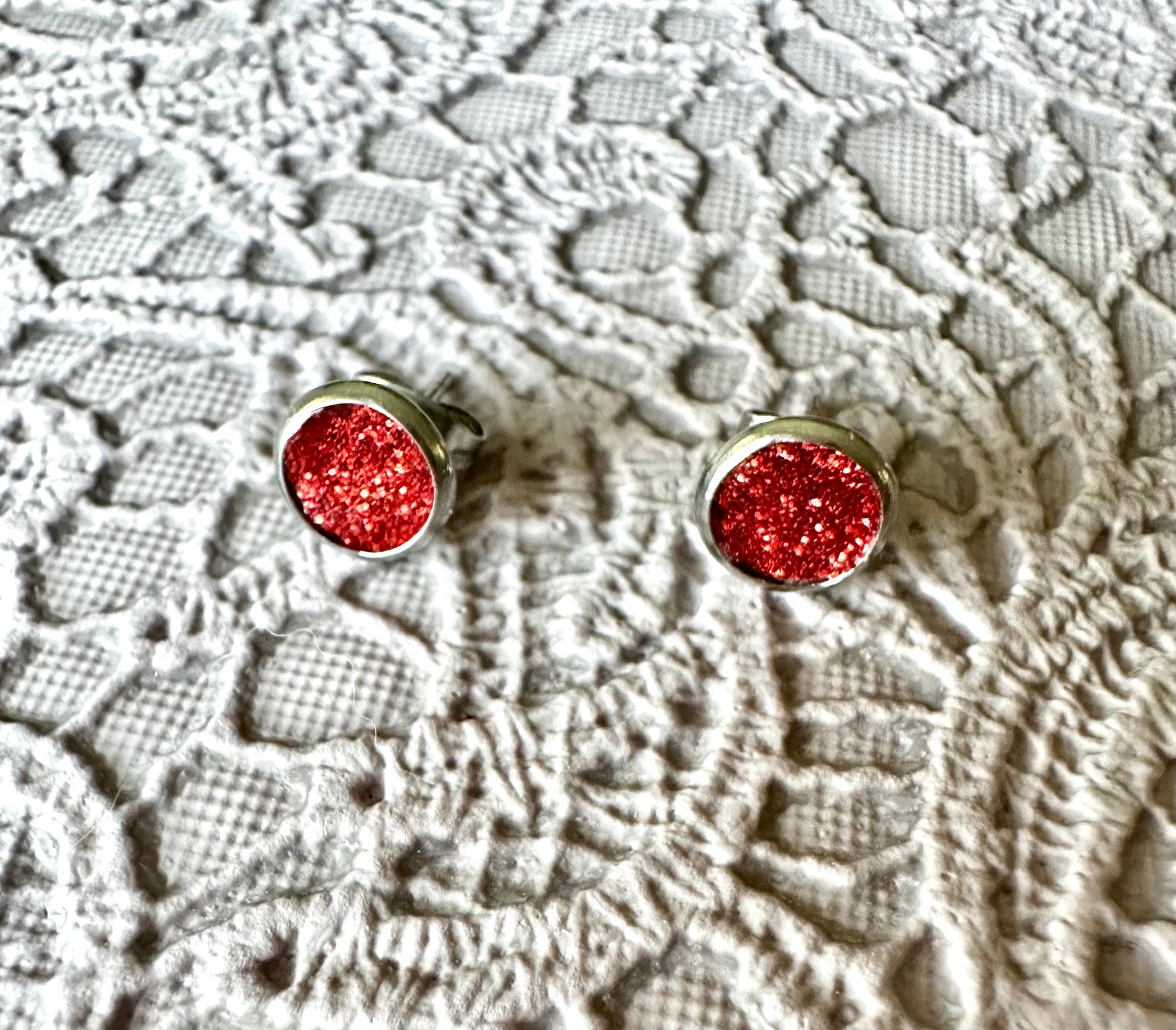 Glitter Red Faux Leather Stud Earrings – 7mm Handmade Sparkle Studs
