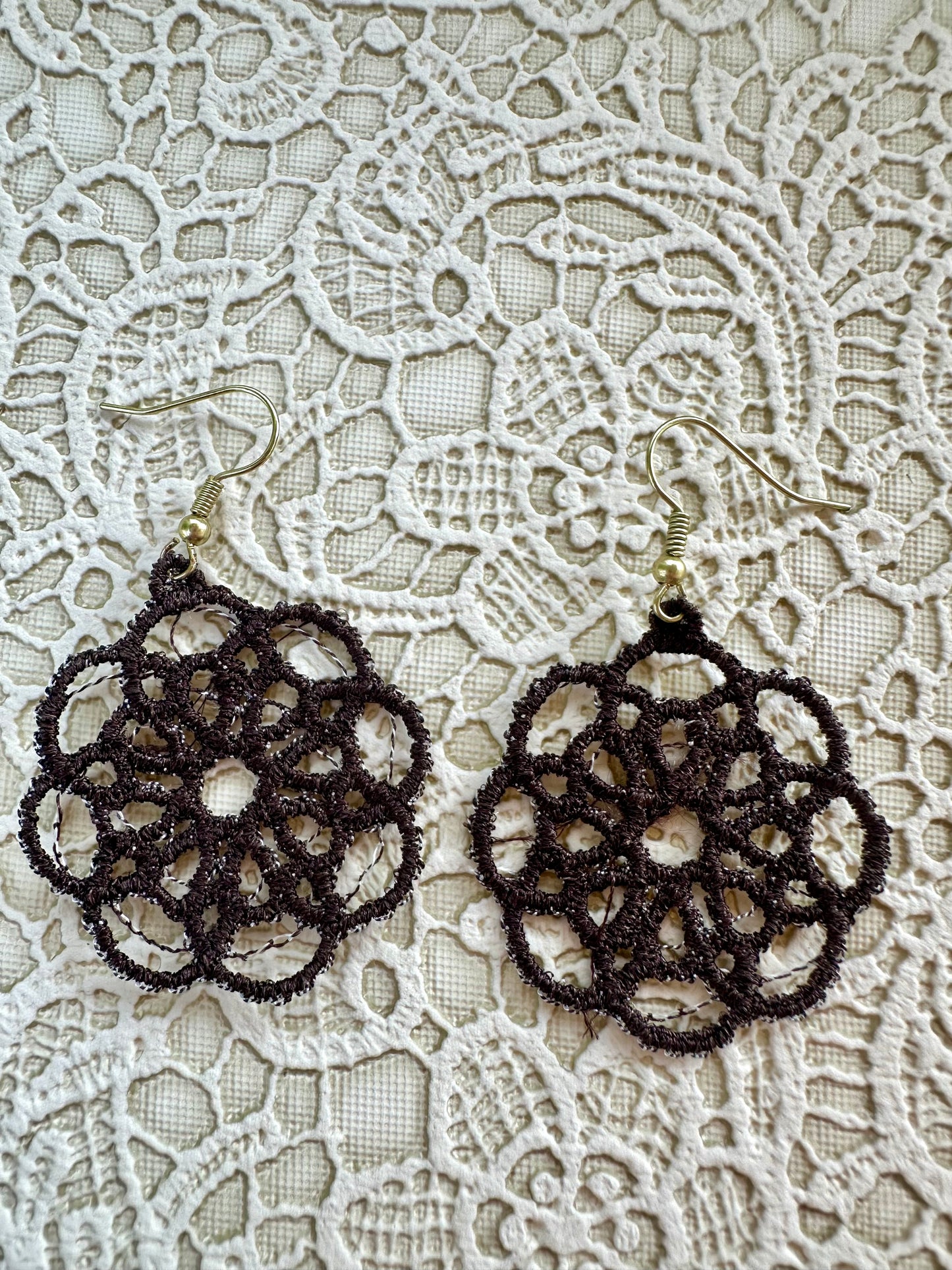 Dark Brown Free Standing Lace Earrings – 1.5" Handmade Embroidered Statement Jewelry