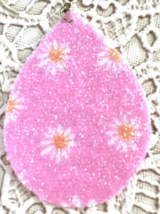 Glittery Pink Daisy Teardrop Earrings – Faux Leather Spring Earrings for Women
