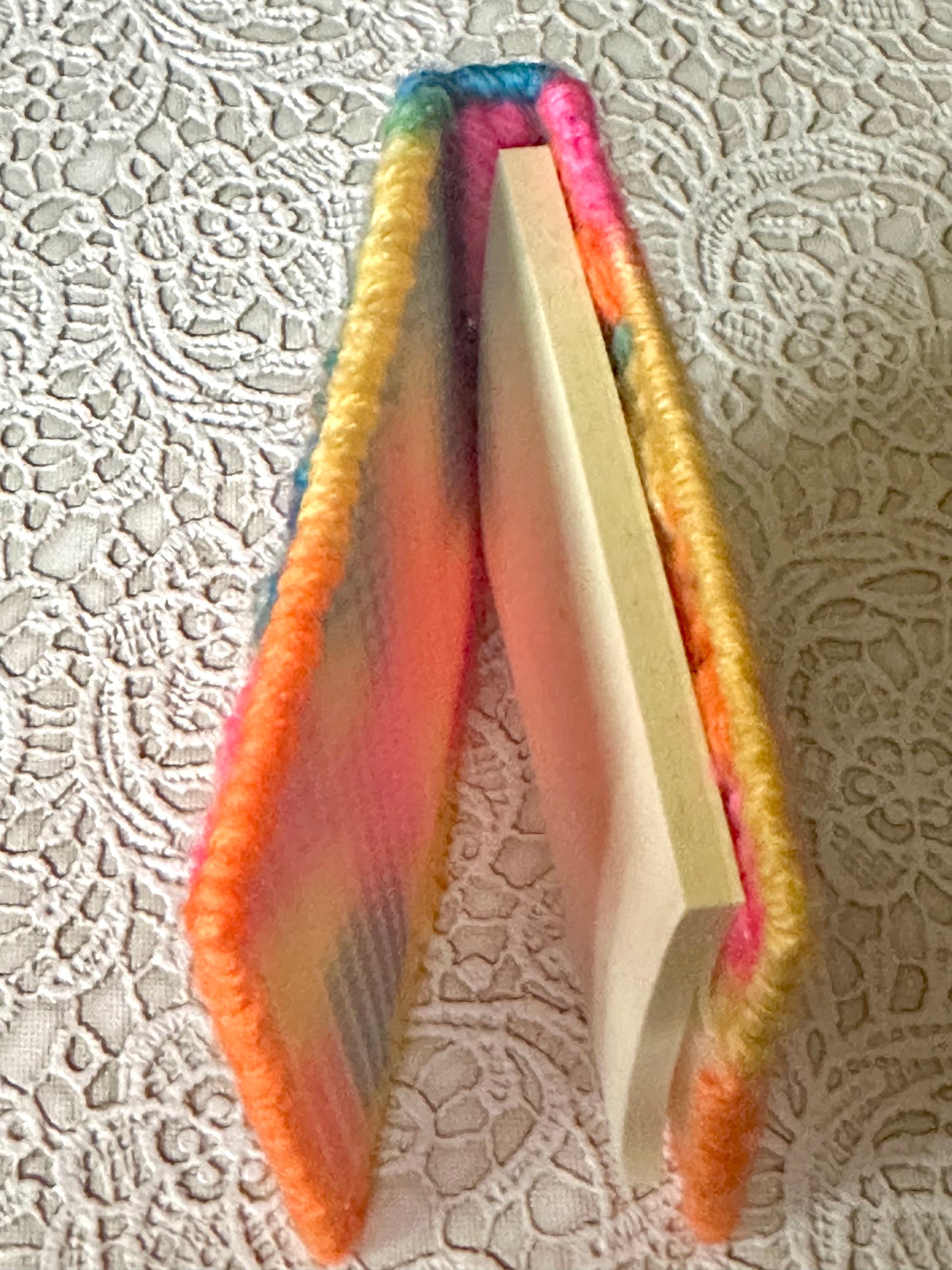 Handmade Variegated Sticky Note Holder – Multicolor Plastic Canvas Cover with Notepad