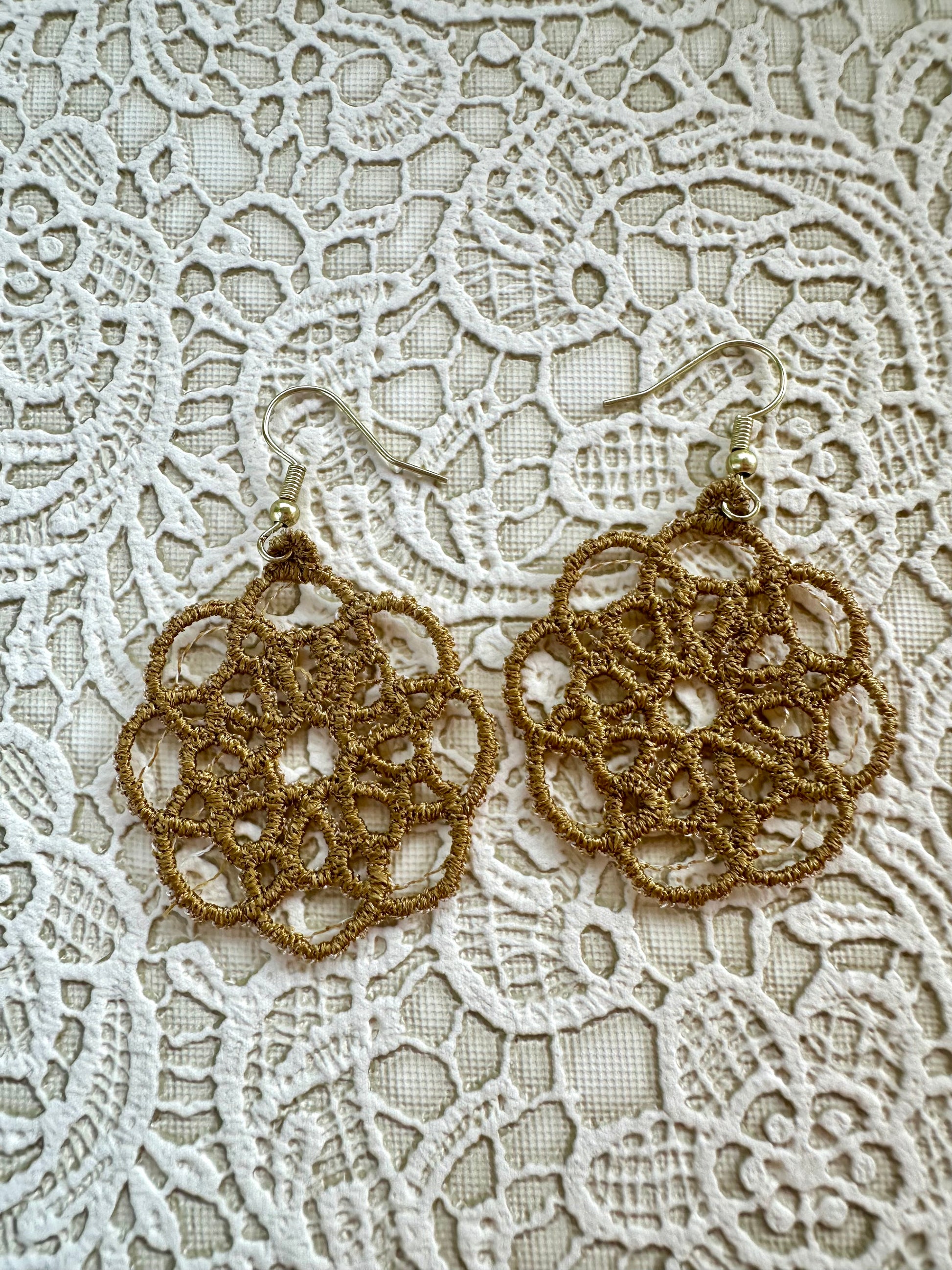 Dark Gold Free Standing Lace Earrings – Embroidered Lightweight Statement Jewelry