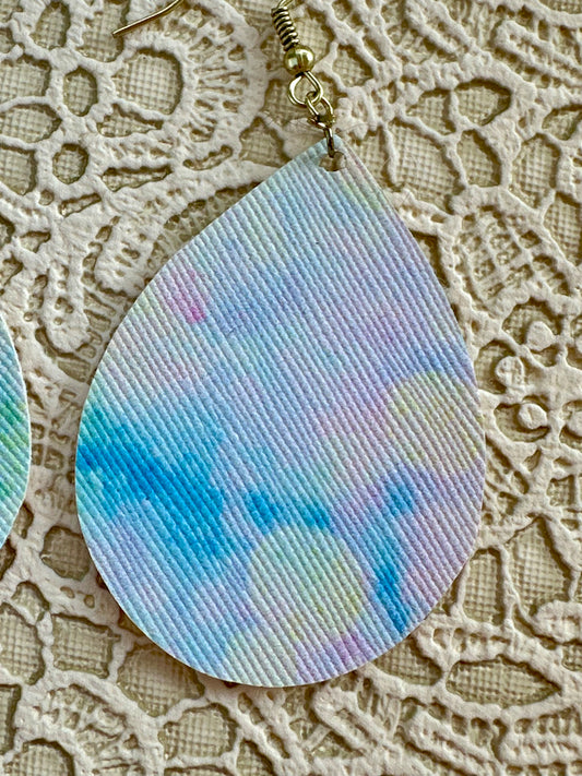 Pastel Watercolor Teardrop Earrings – Faux Leather Spring Dangle Earrings for Women