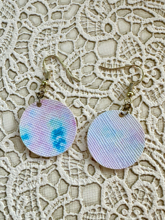 Pastel Watercolor Circle Earrings – 1" Faux Leather Dangle Earrings – Lightweight Spring Jewelry