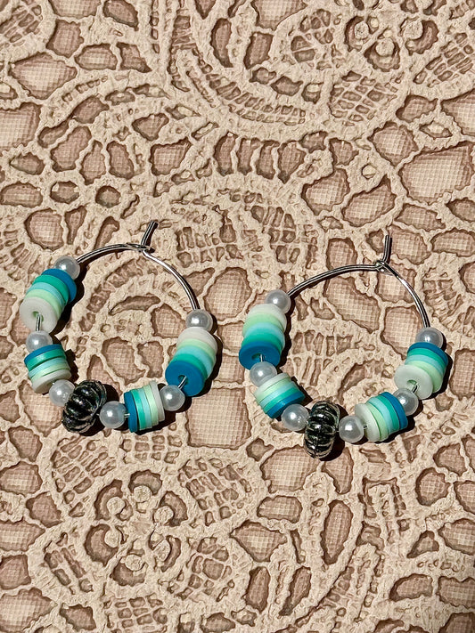 Ocean-Inspired Heishi Bead Hoop Earrings – Faux Pearl and Polymer Clay Beaded Hoops