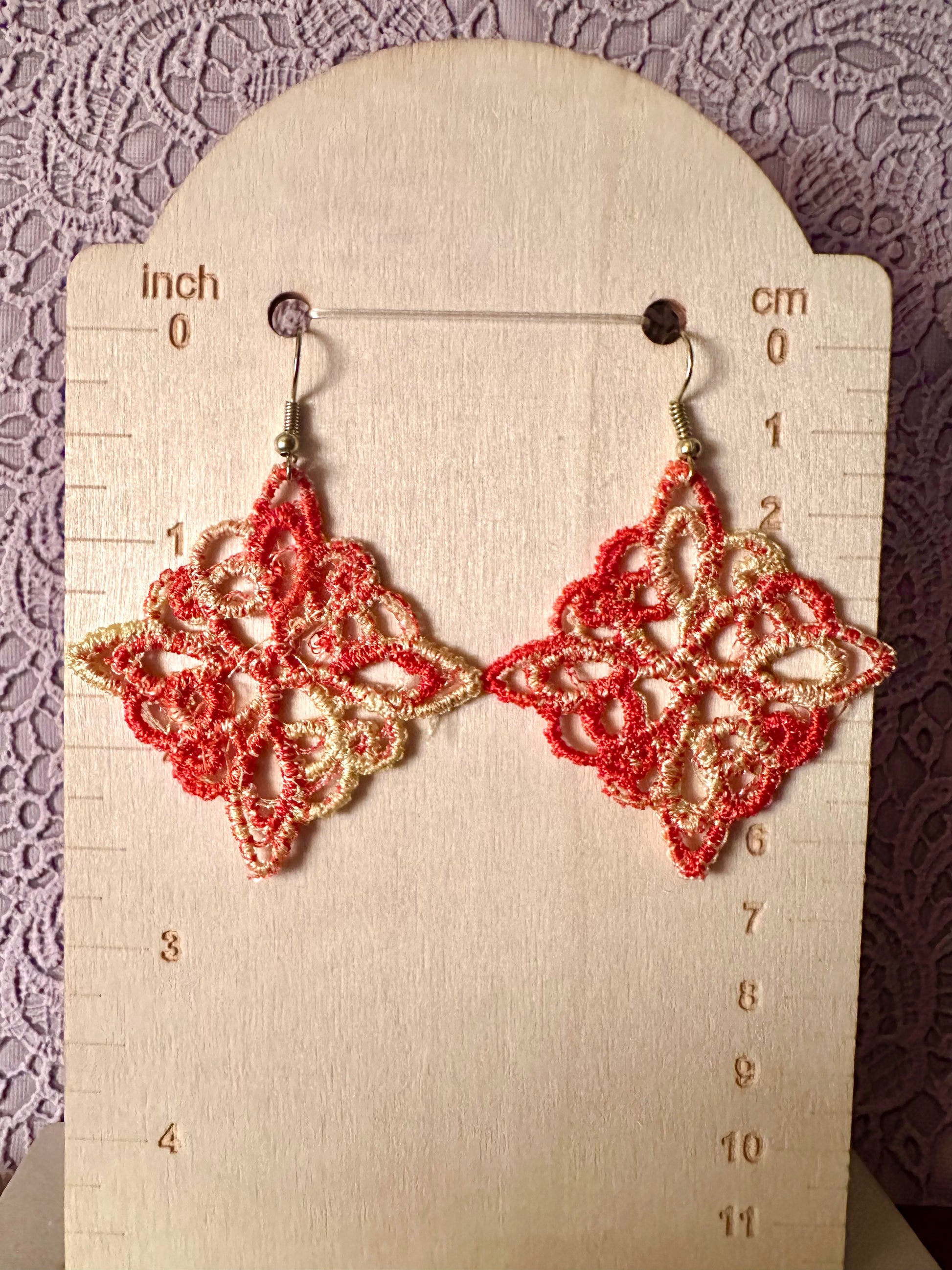Orange and Yellow Freestanding Lace Earrings – Hand-Embroidered Thread Earrings