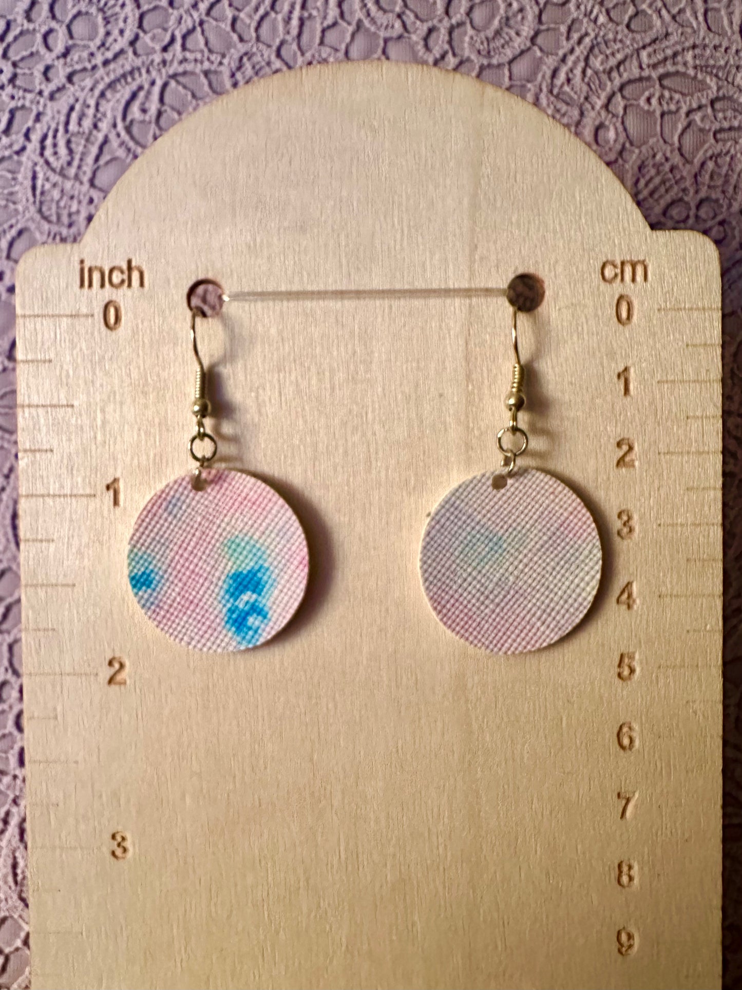 Pastel Watercolor Circle Earrings – 1" Faux Leather Dangle Earrings – Lightweight Spring Jewelry