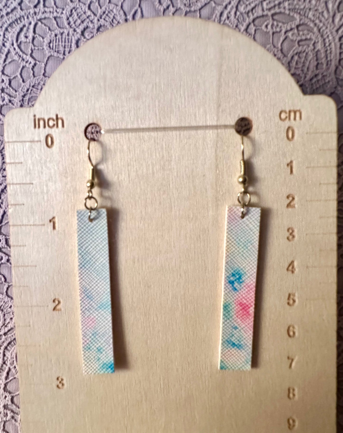 Pastel Watercolor Bar Earrings – Faux Leather Dangle Earrings – Lightweight Spring Jewelry