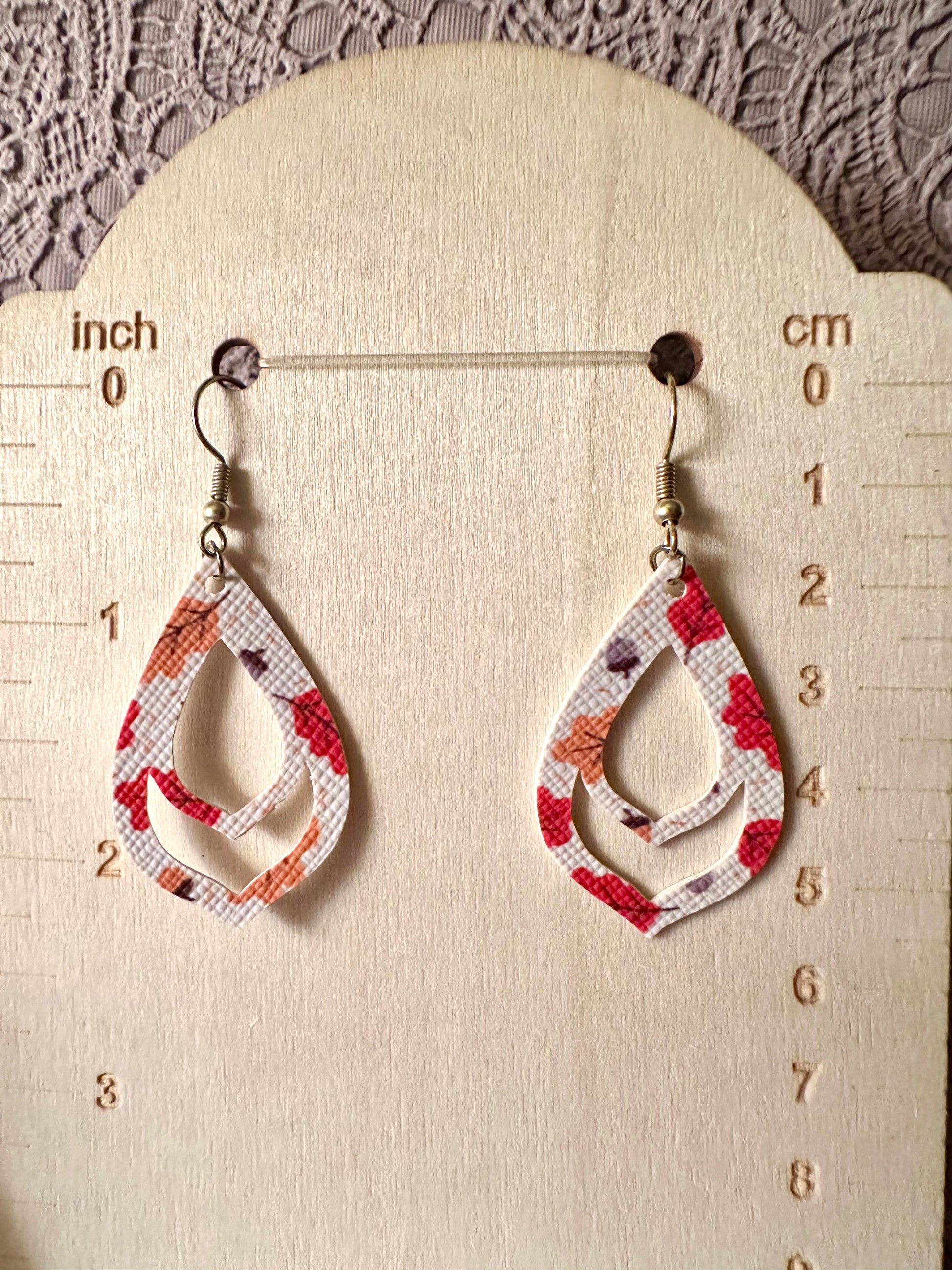Fall Leaves Faux Teardrop Leather Earrings – Double Cutout Design, Lightweight Autumn Dangles