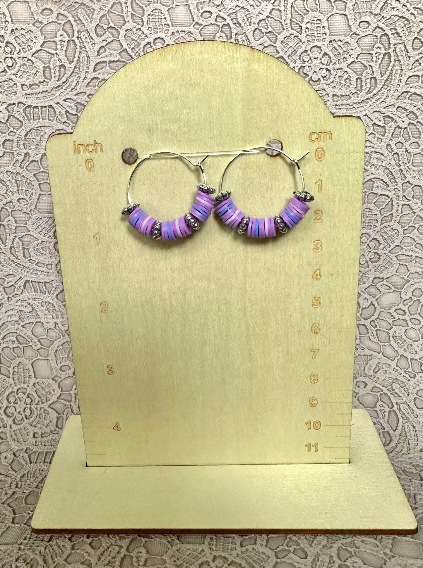 Purple Heishi Beaded Hoop Earrings – Handmade Lightweight Polymer Clay Hoops