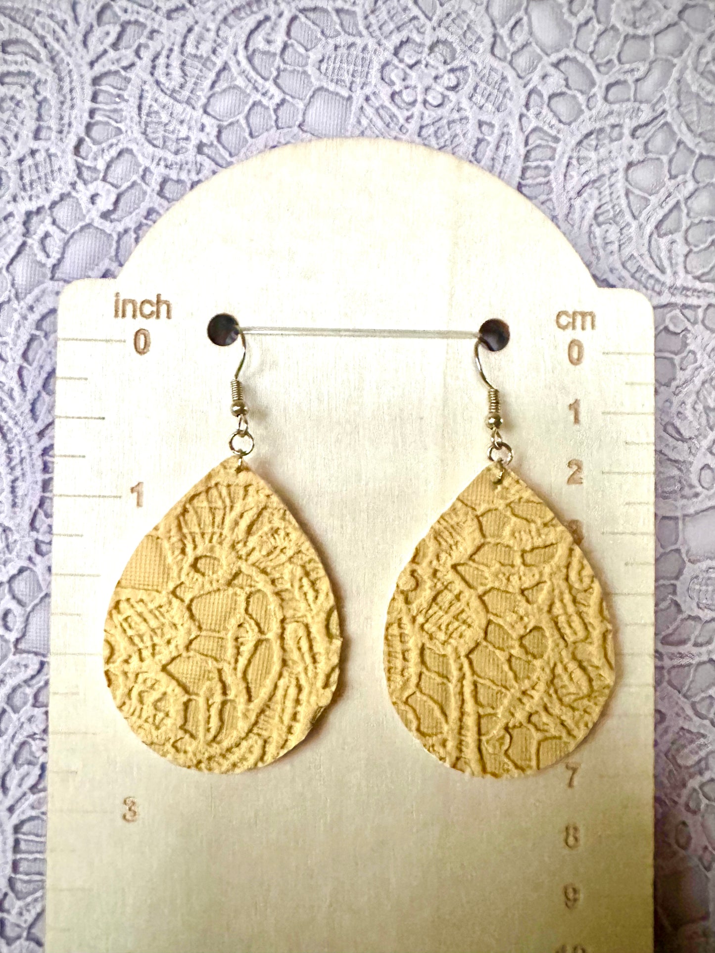 Yellow Lace Teardrop Earrings – Faux Leather Dangle Earrings – 1.5" x 2" Lightweight Fall Jewelry