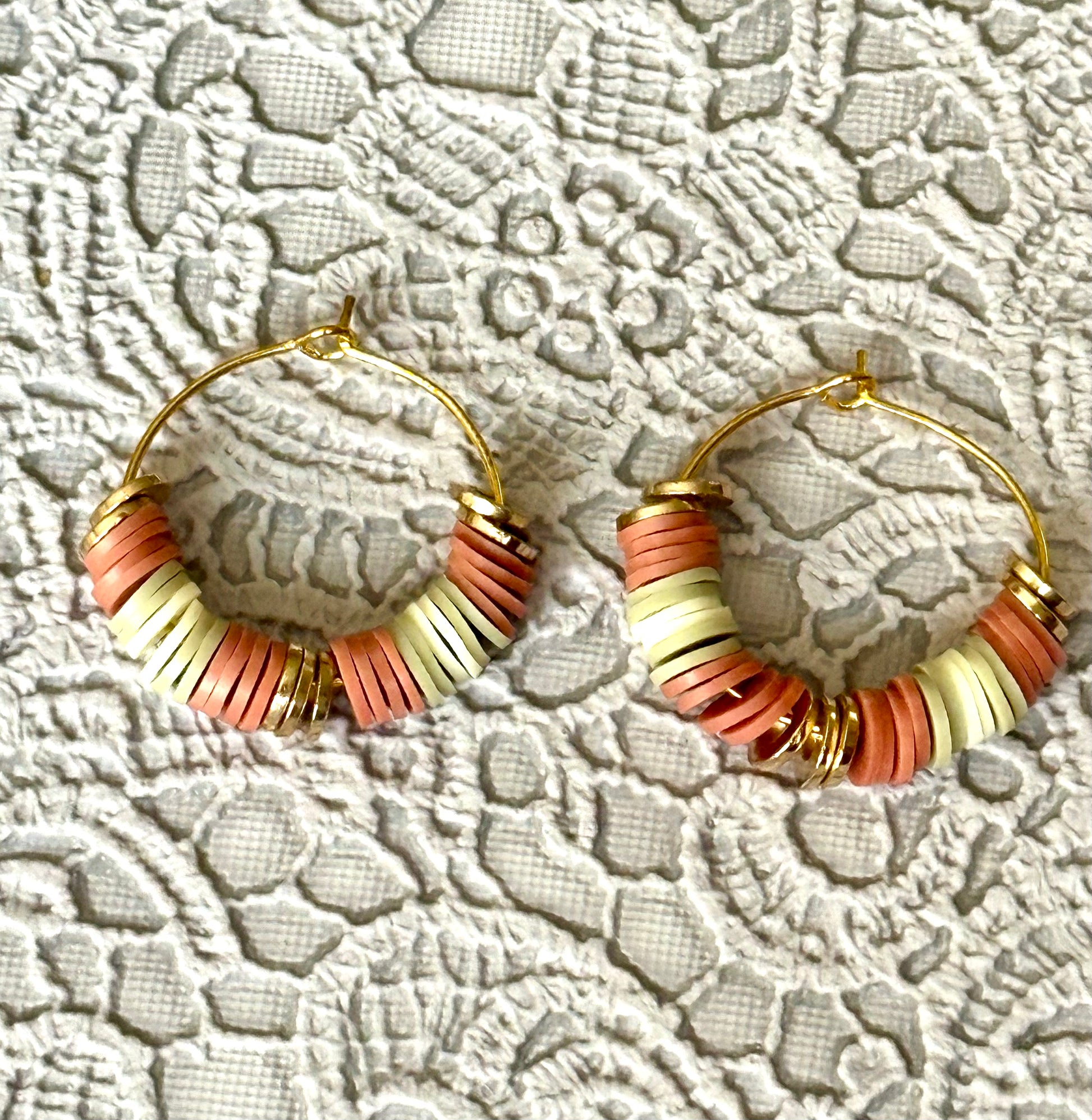 Earth Tone Heishi Beaded Hoop Earrings – Lightweight Handmade Hoops with Gold Accents