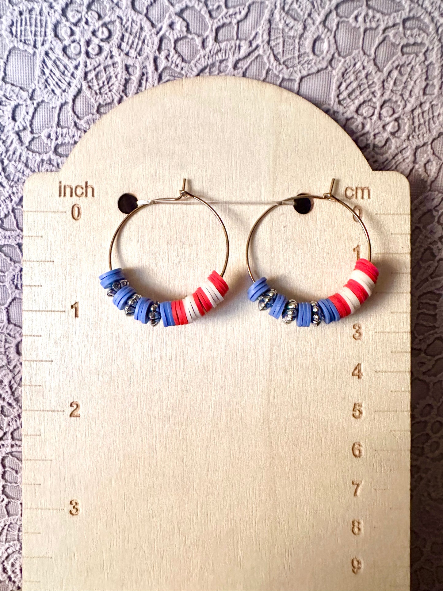 American Flag Heishi Bead Hoop Earrings – Red, White, and Blue Patriotic Jewelry (1.25”)