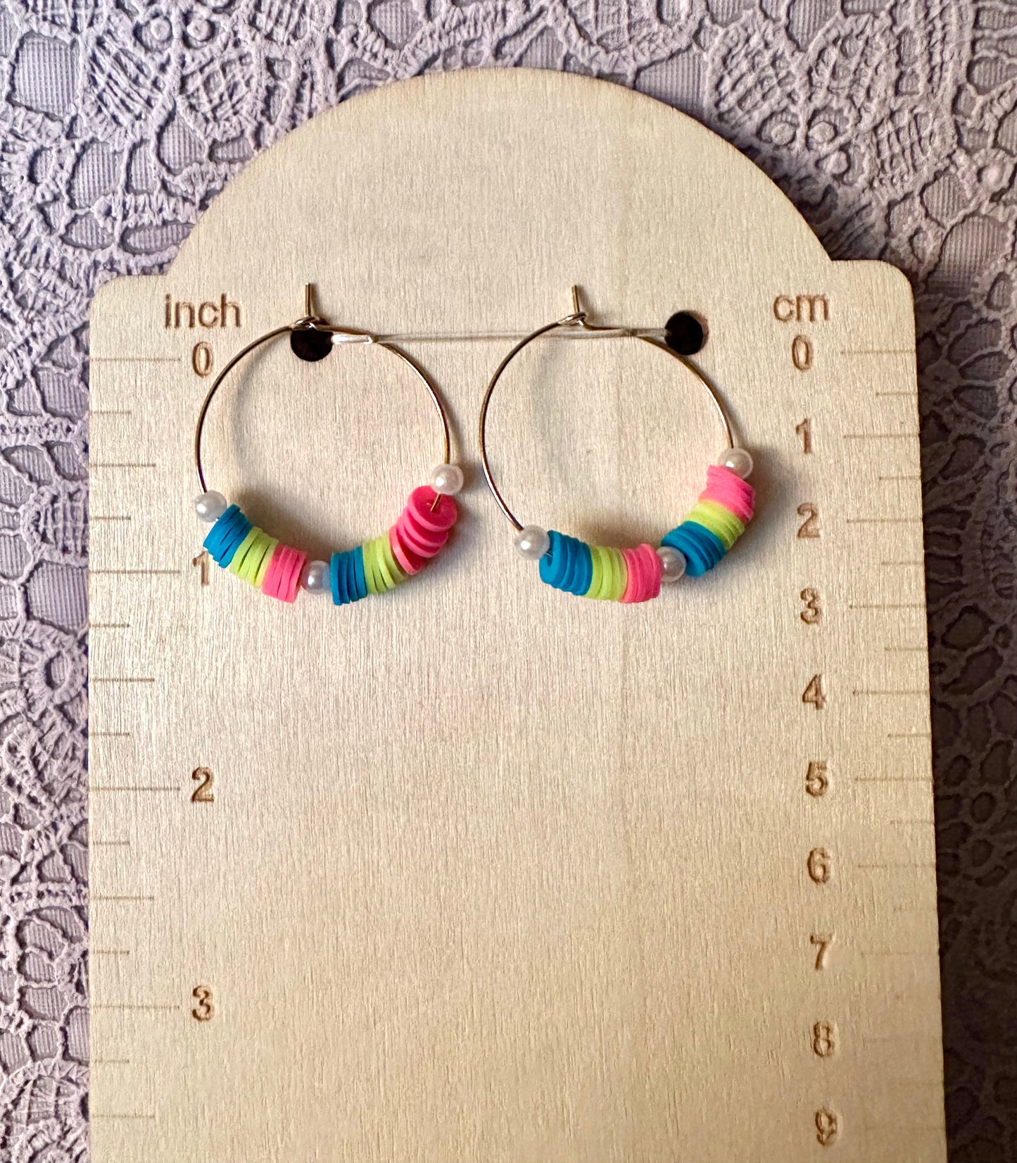 Neon Heishi Beaded Hoop Earrings with Faux Pearls – Bright Summer Jewelry