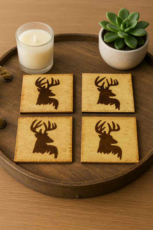 Wood Burned Antlered Deer Coasters – Set of 4 Handmade 4" Rustic Coasters