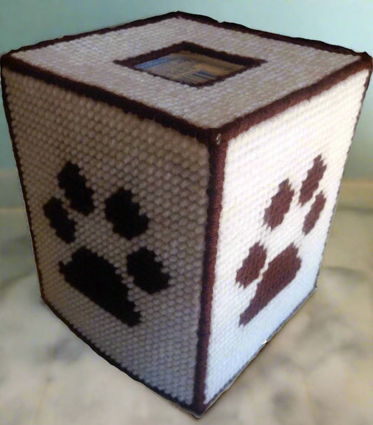 Handmade Plastic Canvas Tissue Box Cover – Paw Print Design, Brown and white stitched