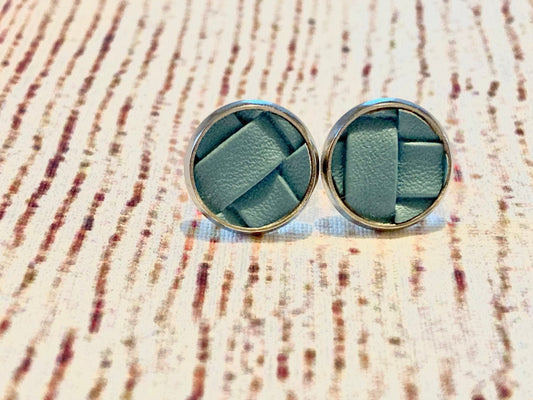 Blue Grey Waffle Weave Textured Faux Leather Stud Earrings