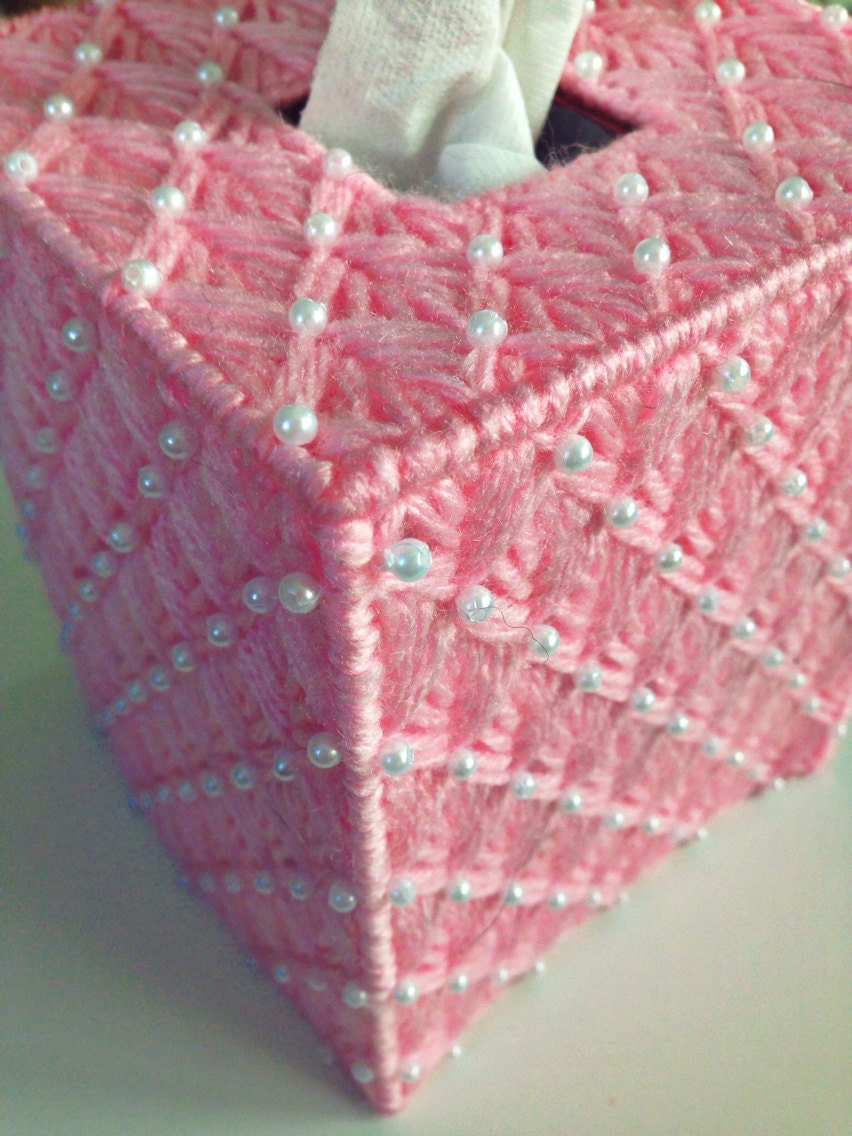 Pink Beaded Pearl Tissue Cover in Plastic Canvas
