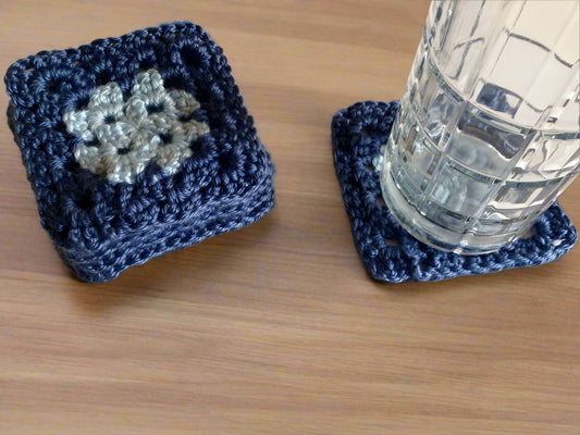 Granny Square Crocheted Coasters – Set of 6, Country Blue & Light Blue, 4" Handmade Coasters
