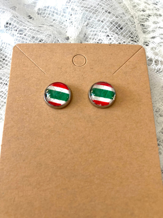 round stud earrings with red, white, and green stripes faux leather center