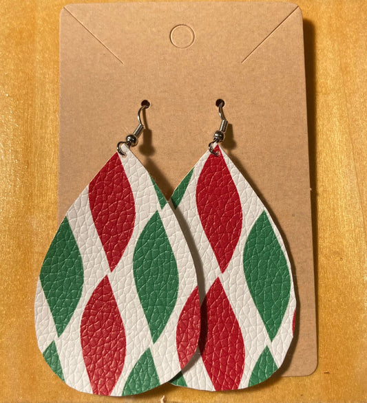 Red, Green, and White geometric pattern Christmas Faux Leather Teardrop Earrings with fish hooks