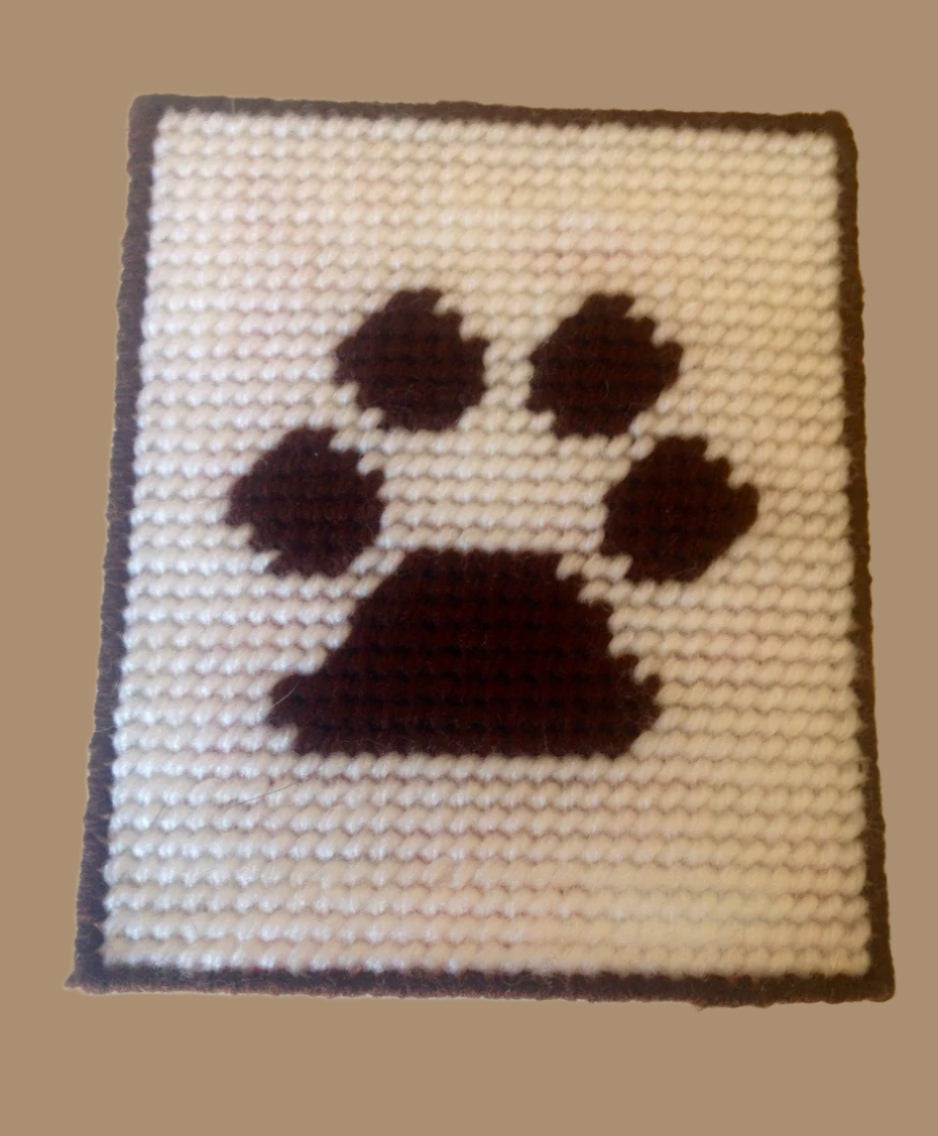 Handmade Plastic Canvas Tissue Box Cover – Paw Print Design, Brown and white stitched