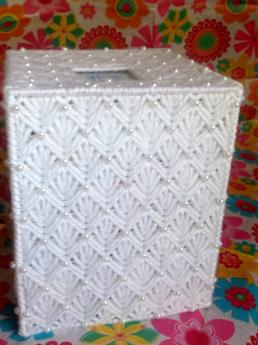 Handmade White Beaded Tissue Box Cover – Plastic Canvas