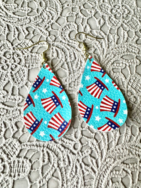 Patriotic Top Hat Faux Leather Teardrop Earrings – Light Blue with Stars 