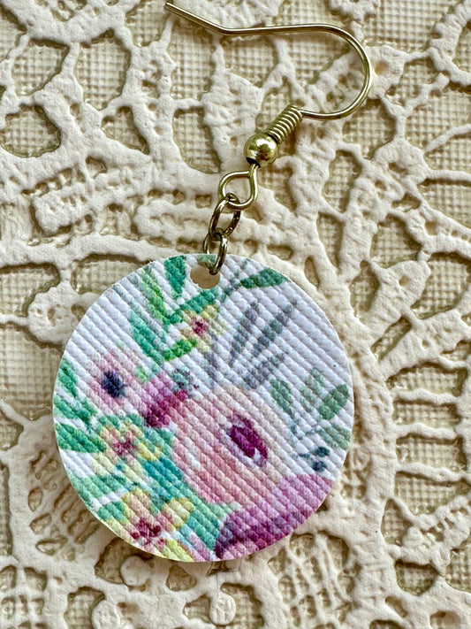 Floral Circle Earrings – 1" Faux Leather Dangle Earrings – Colorful Spring Earrings for Women