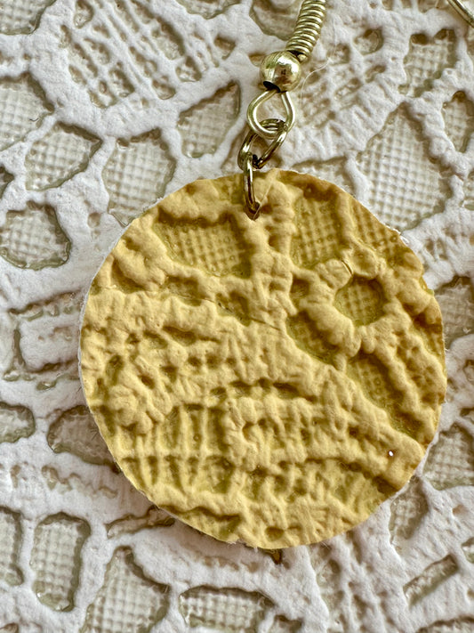 Yellow Lace Circle Earrings – Faux Leather Round Dangle Earrings – 1" Lightweight Fall Jewelry