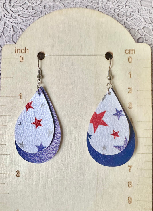 Double Layer Patriotic Faux Leather Teardrop Earrings – Royal Blue & Star Print Dangles