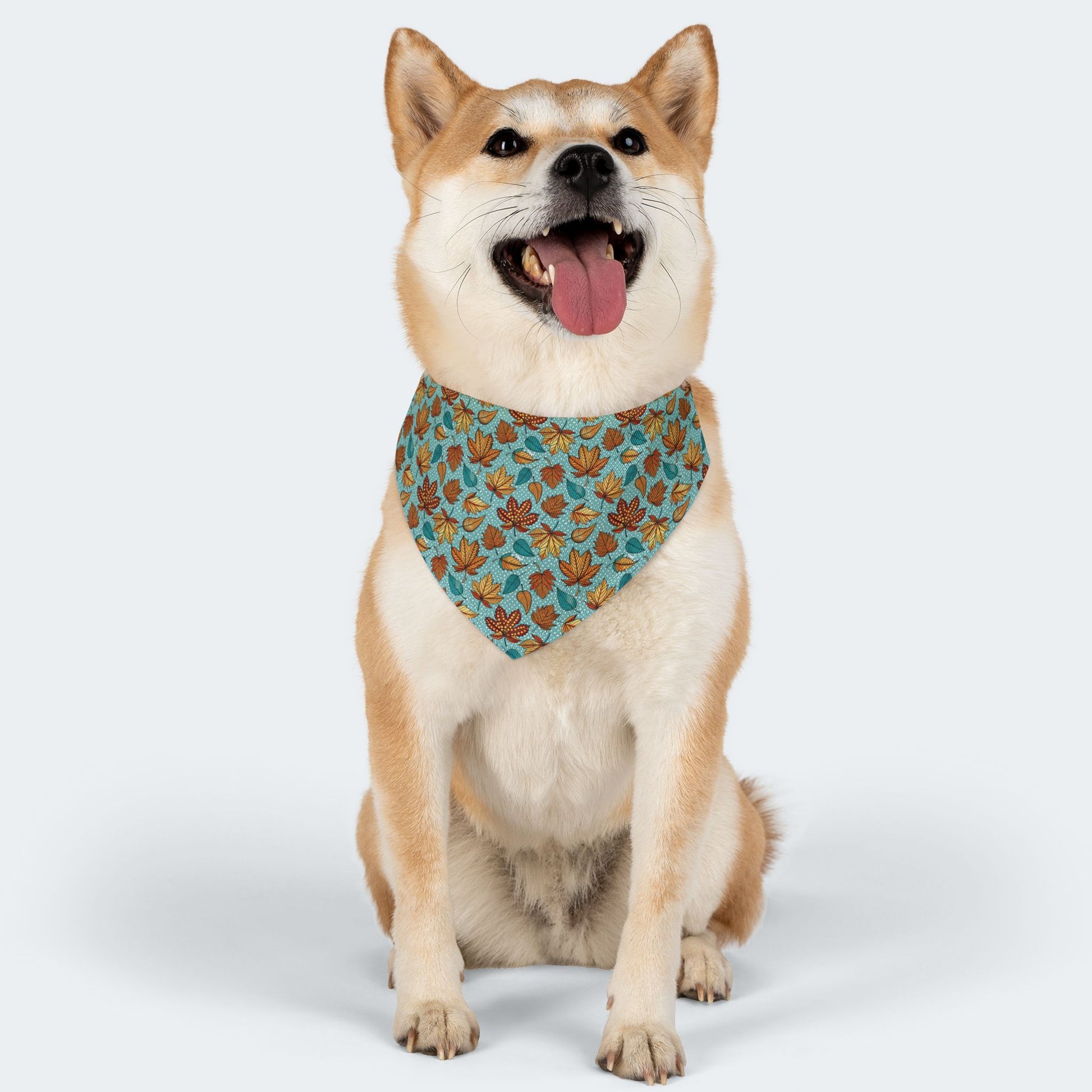 Light Blue Autumn Leaves Over-the-Collar Dog Bandana – Blue, Orange & Golden Leaf Pattern