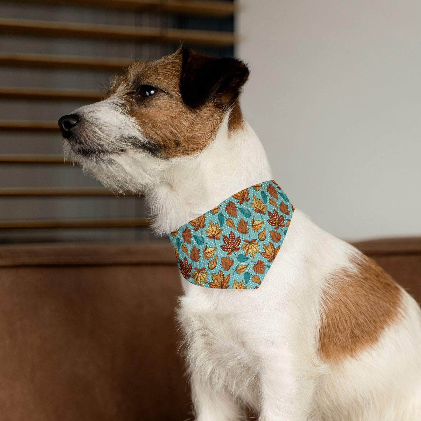 Light Blue Autumn Leaves Over-the-Collar Dog Bandana – Blue, Orange & Golden Leaf Pattern