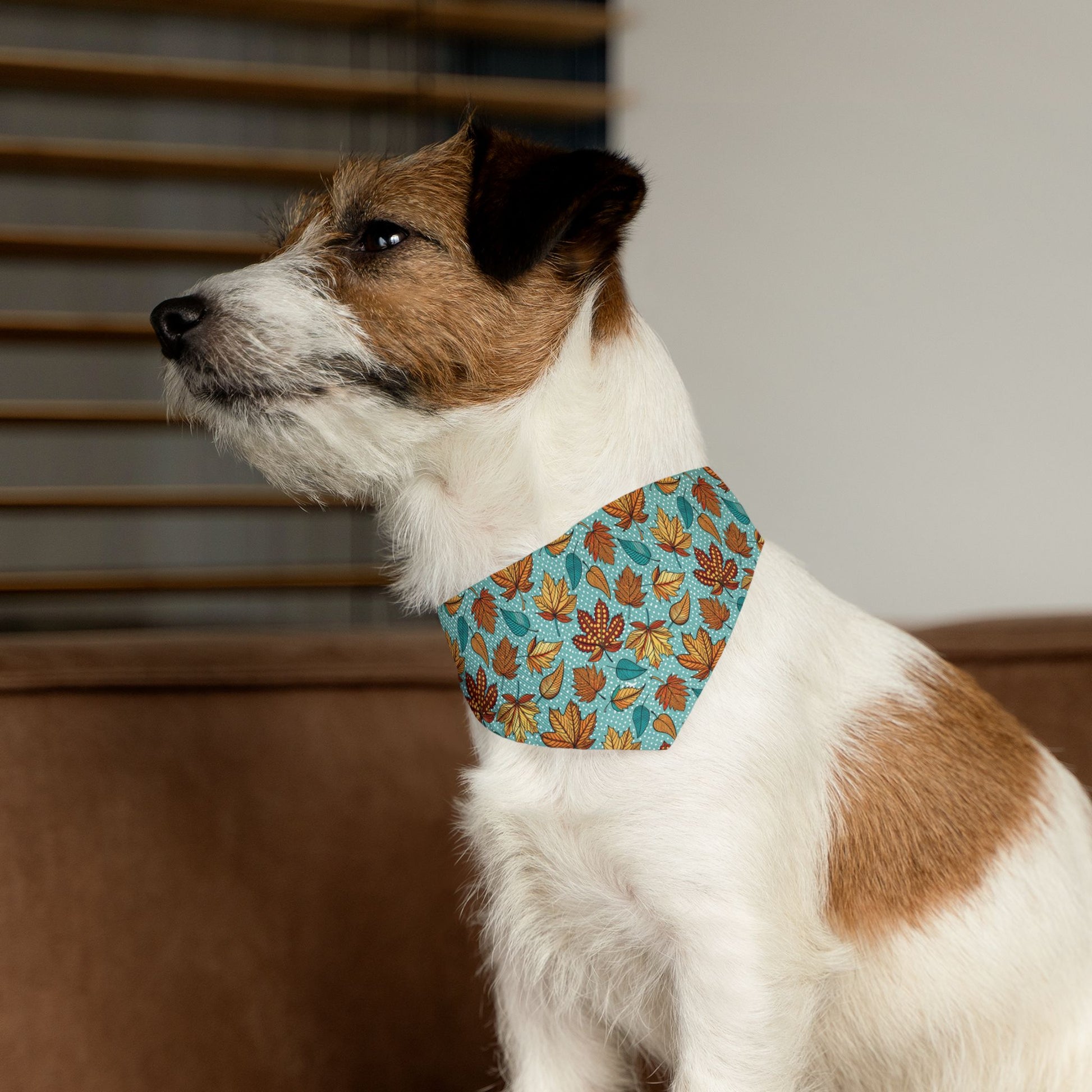 Light Blue Autumn Leaves Over-the-Collar Dog Bandana – Blue, Orange & Golden Leaf Pattern