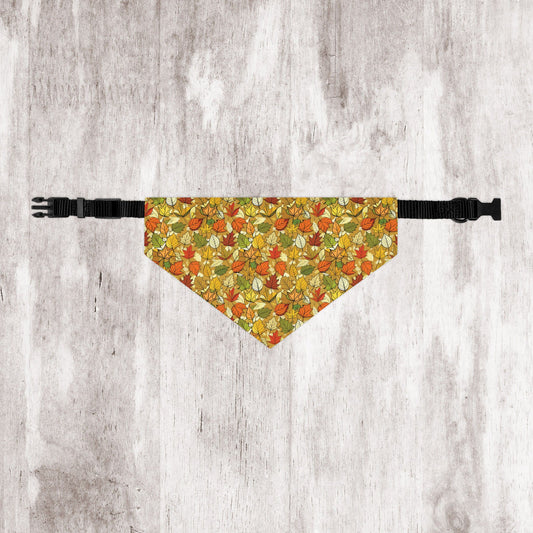 Autumn Leaves Dog Bandana – Tan Background with Yellow, Orange, Green & Red Leaf Pattern