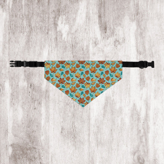 Light Blue Autumn Leaves Over-the-Collar Dog Bandana – Blue, Orange & Golden Leaf Pattern