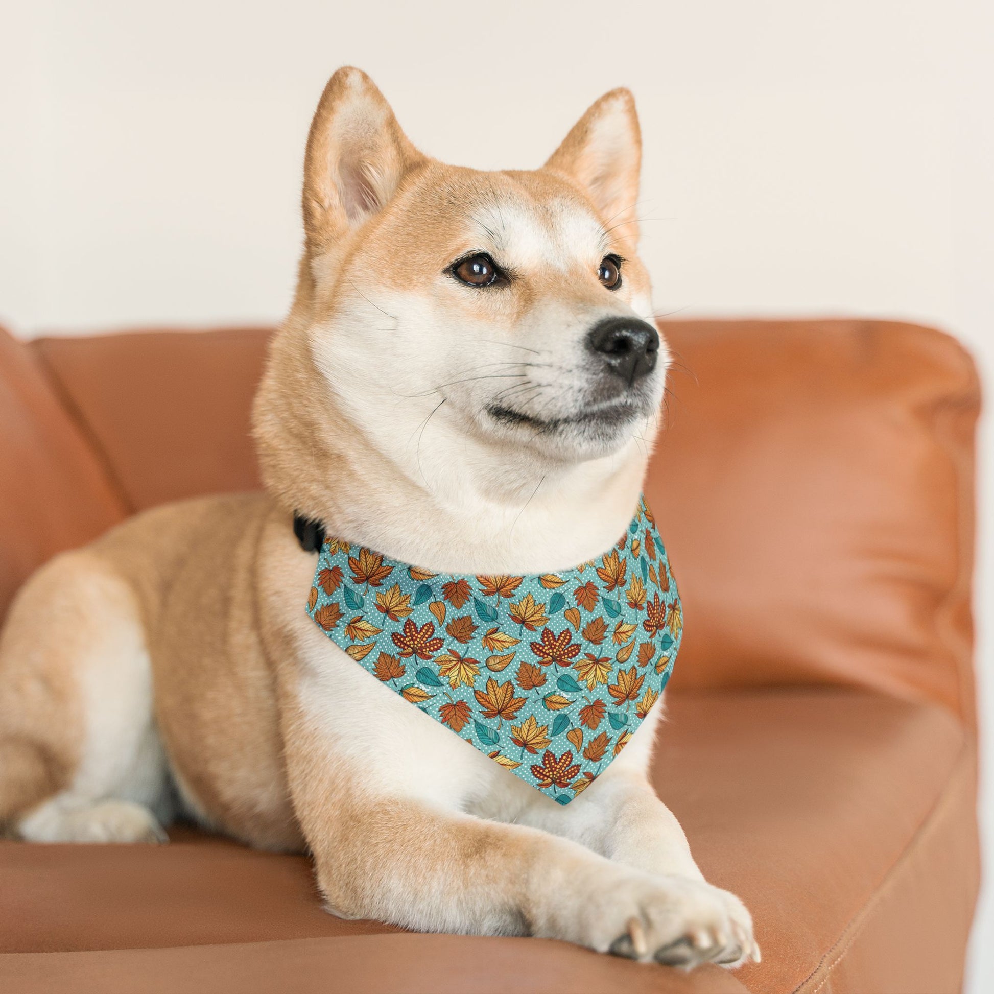 Light Blue Autumn Leaves Over-the-Collar Dog Bandana – Blue, Orange & Golden Leaf Pattern