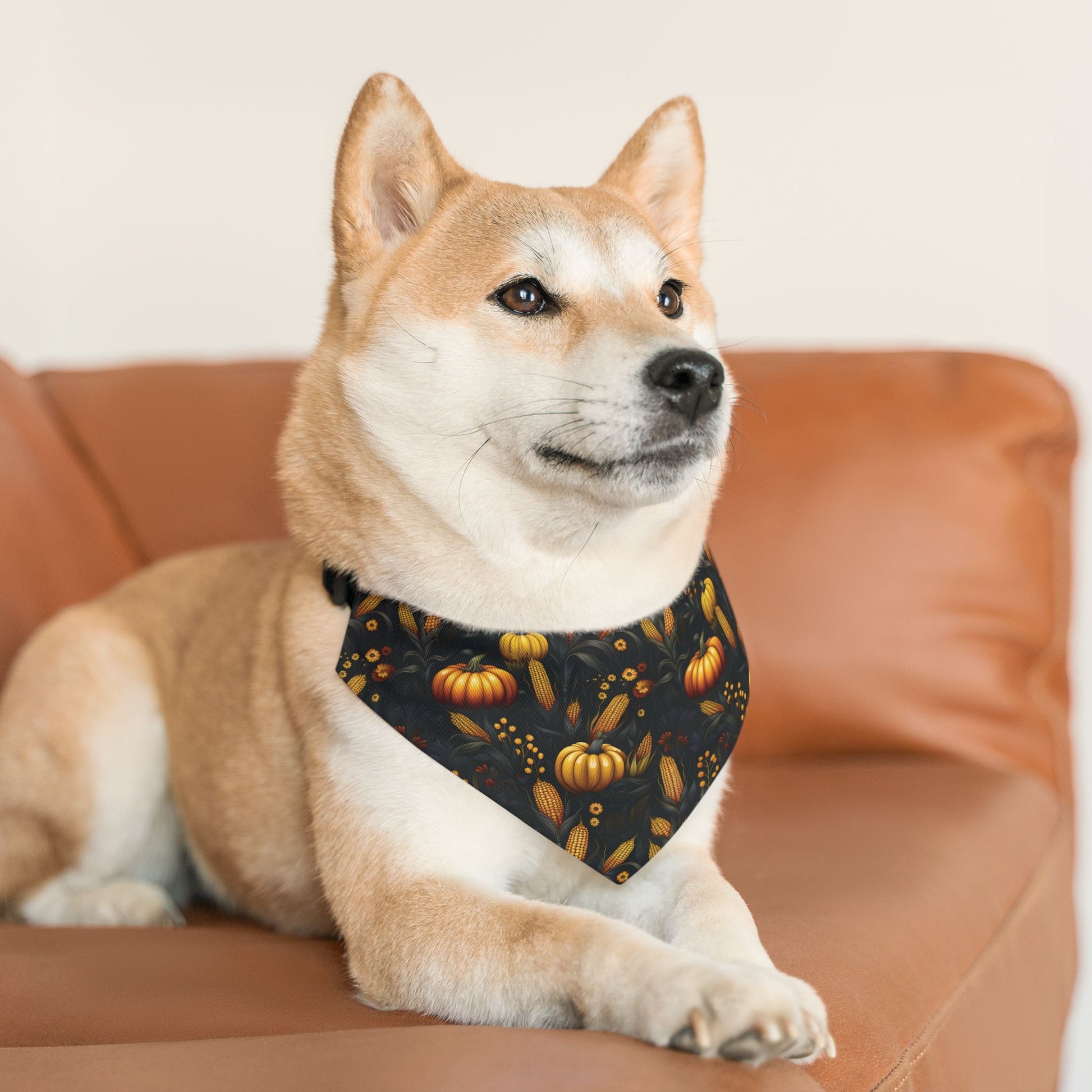 Fall Harvest Dog Bandana – Over-the-Collar – Pumpkins, Corn & Floral Pattern