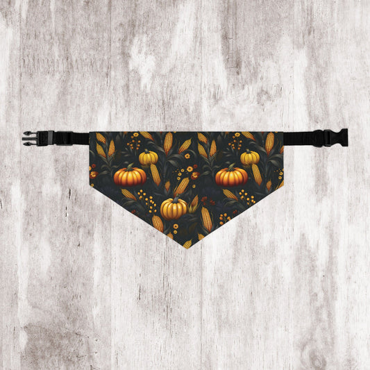 Fall Harvest Dog Bandana – Over-the-Collar – Pumpkins, Corn & Floral Pattern