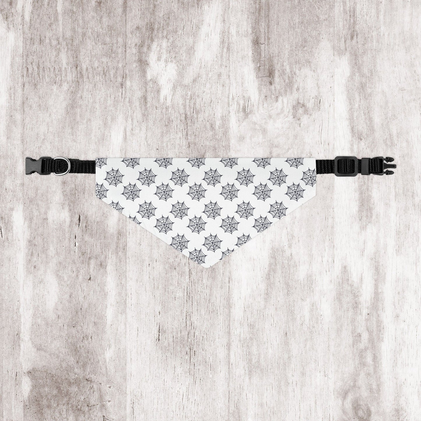 White Dog Bandana with Black Spider Web Pattern
