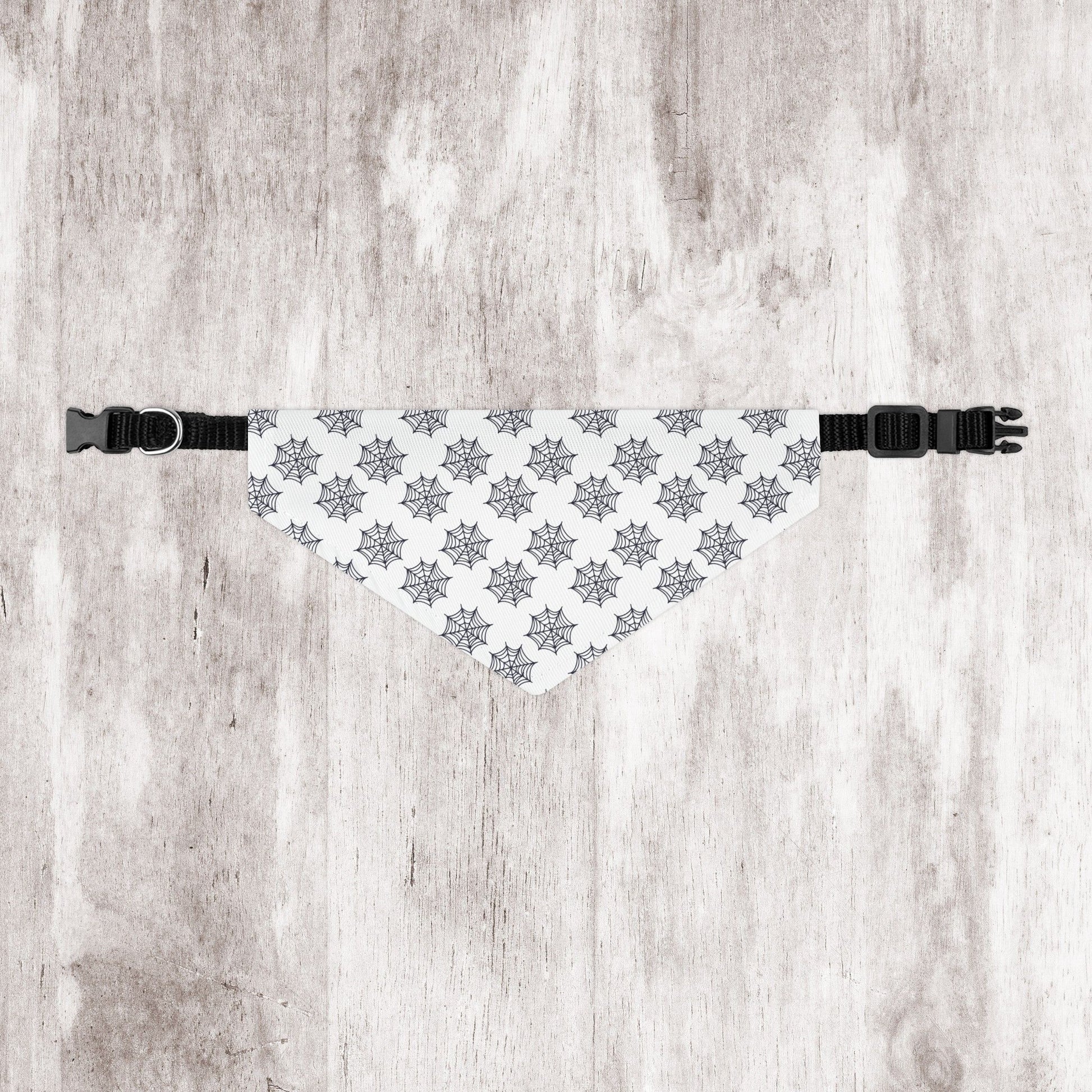 White Dog Bandana with Black Spider Web Pattern