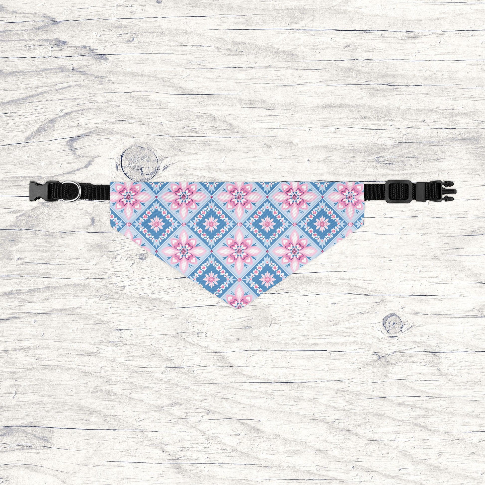 Blue & Pink Quilt Block Dog Bandana, Over the Collar